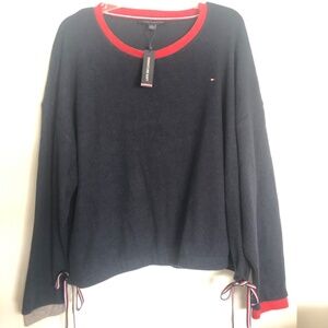 Tommy Hilfiger Navy Blue Signature Soft Relax Sweater Red White Blue Ribbon 2XL